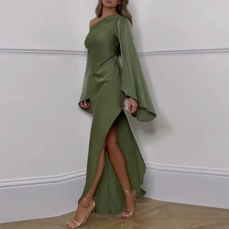 Sexy Oblique Shoulder Solid Irregular Dress Women Elegant Skew Collar Backless Long Dress Autumn Flare Sleeve Slit Party Dresses
Sexy Oblique Shoulder Solid Irregular Dress Women Elegant Skew Collar Backless Long Dress Autumn Flare Sleeve Slit Party Dresses