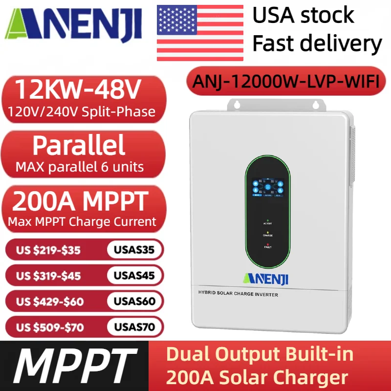 ANENJI 120V/220V 12KW hybrid solar inverter 48V photovoltaic split inverter with built-in 200A parallel solar charging control With WiFi
ANENJI 120V/220V 12KW hybrid solar inverter 48V photovoltaic split inverter with built-in 200A parallel solar charging control With WiFi