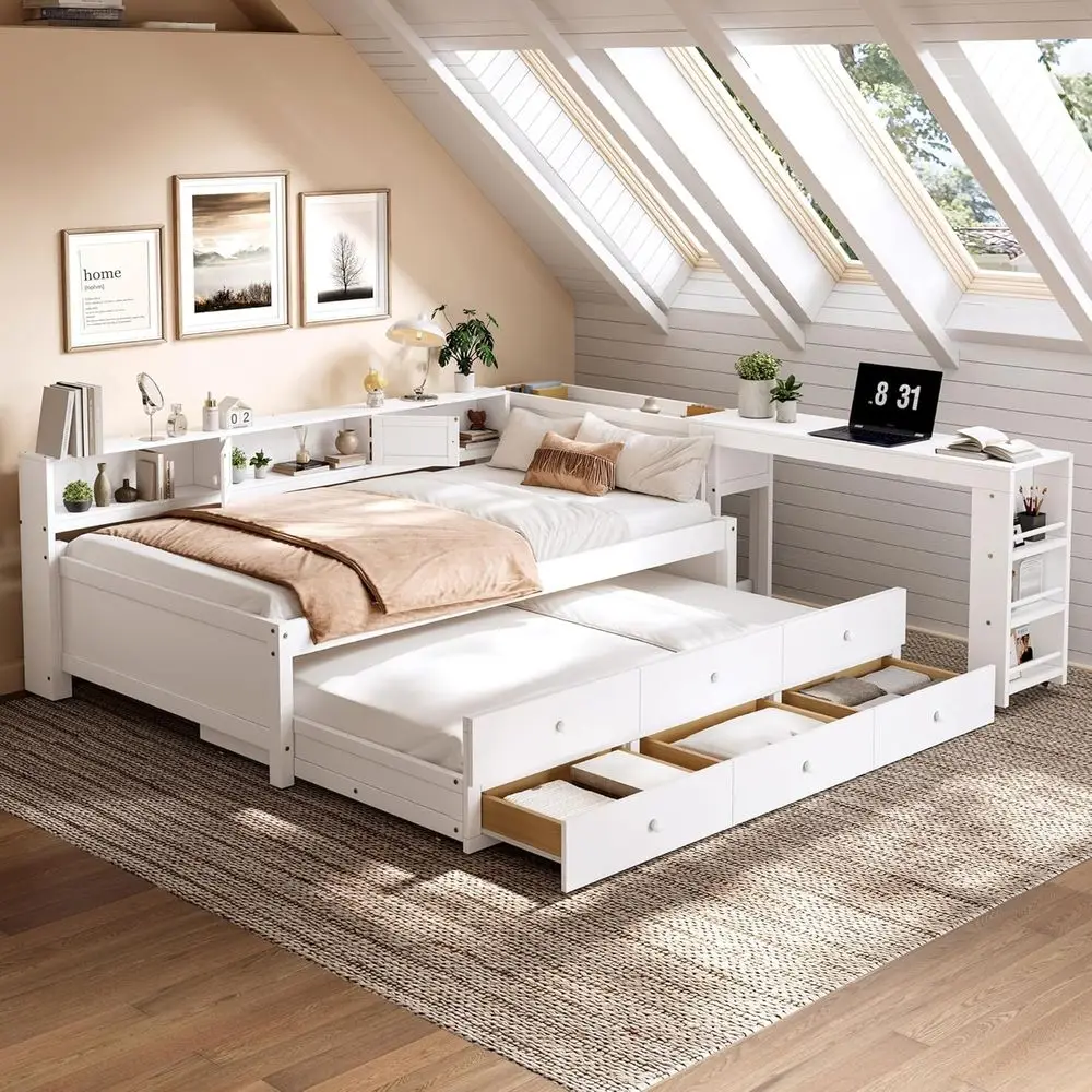 Twin Daybed with Trundle, Desk, and Storage Shelves - L-Shape Sofa Bed for Kids, Teens, and Adults in White
Twin Daybed with Trundle, Desk, and Storage Shelves - L-Shape Sofa Bed for Kids, Teens, and Adults in White