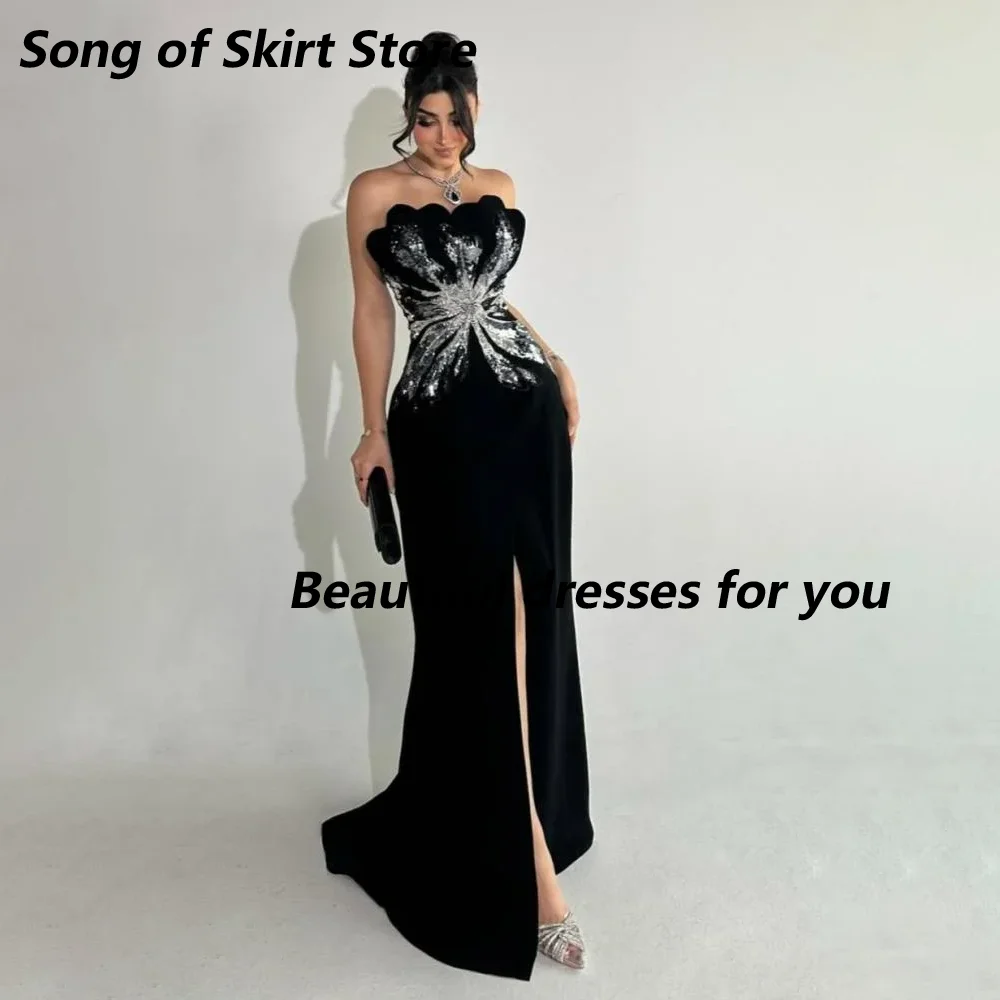 Black Prom Dress for Women Girls Strpless Sequin Flower Mermaid Evening Gown Thigh Slit Floor Length Party Dresses Customized
Black Prom Dress for Women Girls Strpless Sequin Flower Mermaid Evening Gown Thigh Slit Floor Length Party Dresses Customized