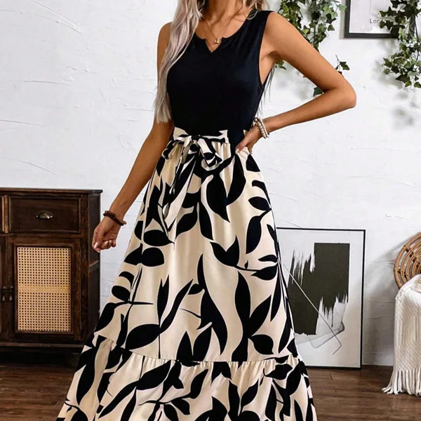 Women's Black and White Leaf Print Sleeveless V Neck Tie Waist Ruffle Hem Maxi Dress Casual Dresses
Women's Black and White Leaf Print Sleeveless V Neck Tie Waist Ruffle Hem Maxi Dress Casual Dresses