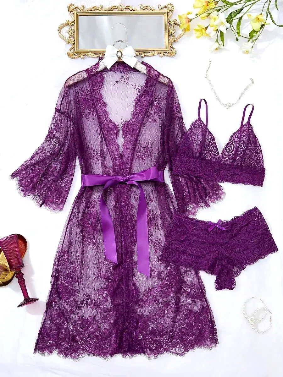 Purple Lace Deep V Robe Set With Belt Women Sleepwear
Purple Lace Deep V Robe Set With Belt Women Sleepwear