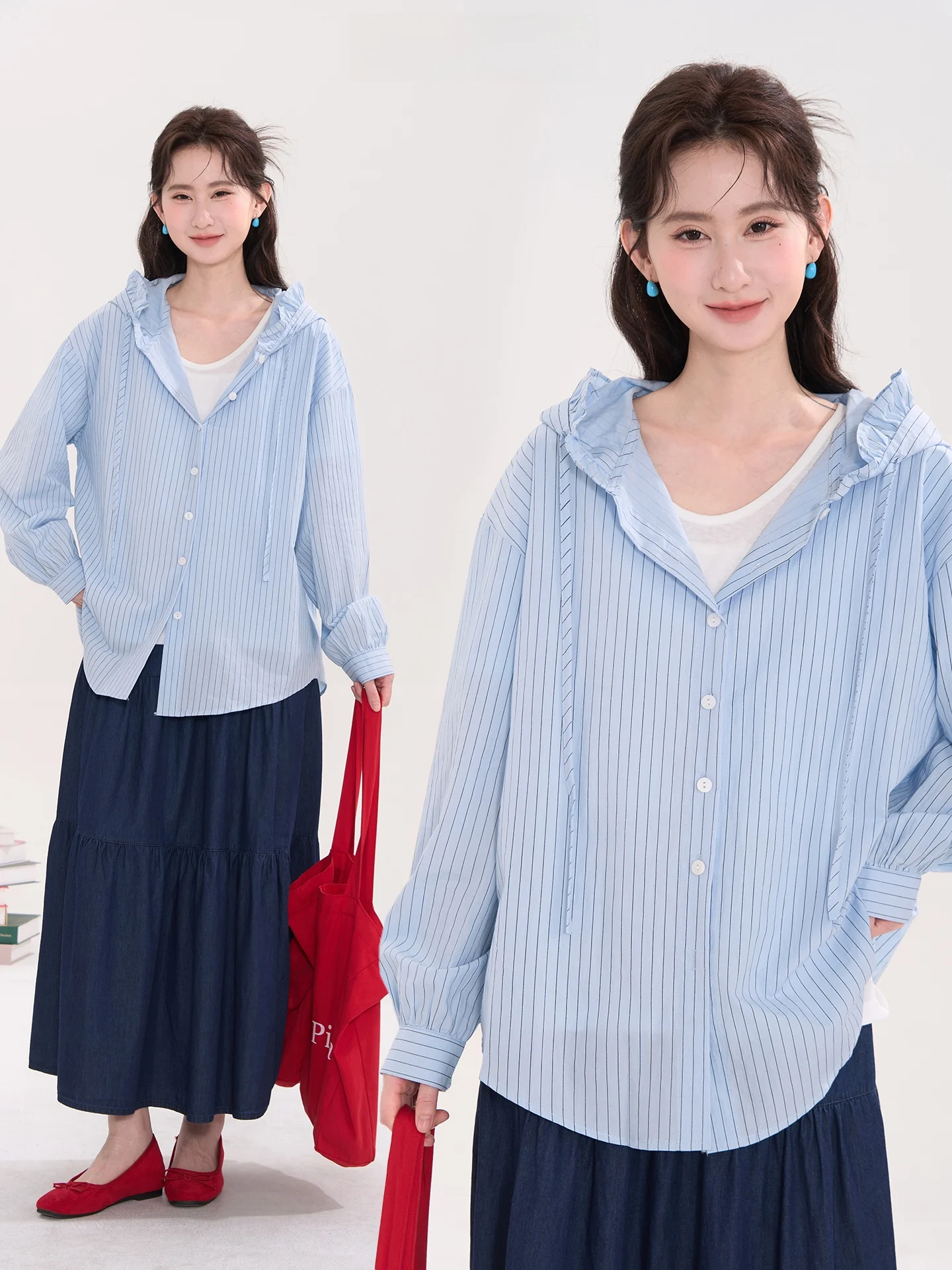 Heme Deco Wood ain Pleated Hooded Striped Long Sve irt Women's Spring Casual Loose Fit Cotton irt Nylon Blend
Heme Deco Wood ain Pleated Hooded Striped Long Sve irt Women's Spring Casual Loose Fit Cotton irt Nylon Blend