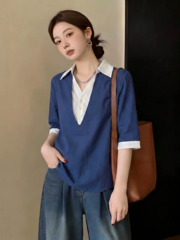 Elegant Dark Blue V-Neck Short Sleeve Shirt Women's plus Size Summer New Style Korean Version Loose Fit Office Wear Top
Elegant Dark Blue V-Neck Short Sleeve Shirt Women's plus Size Summer New Style Korean Version Loose Fit Office Wear Top