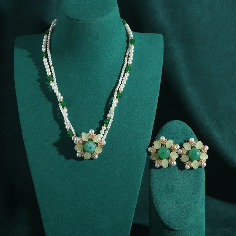 Vintage Green Flower Jewelry Set Jade For Woman Pearl Layered Necklaces Chain Leaf Stone Earring Luxury Wedding Accessories
Vintage Green Flower Jewelry Set Jade For Woman Pearl Layered Necklaces Chain Leaf Stone Earring Luxury Wedding Accessories