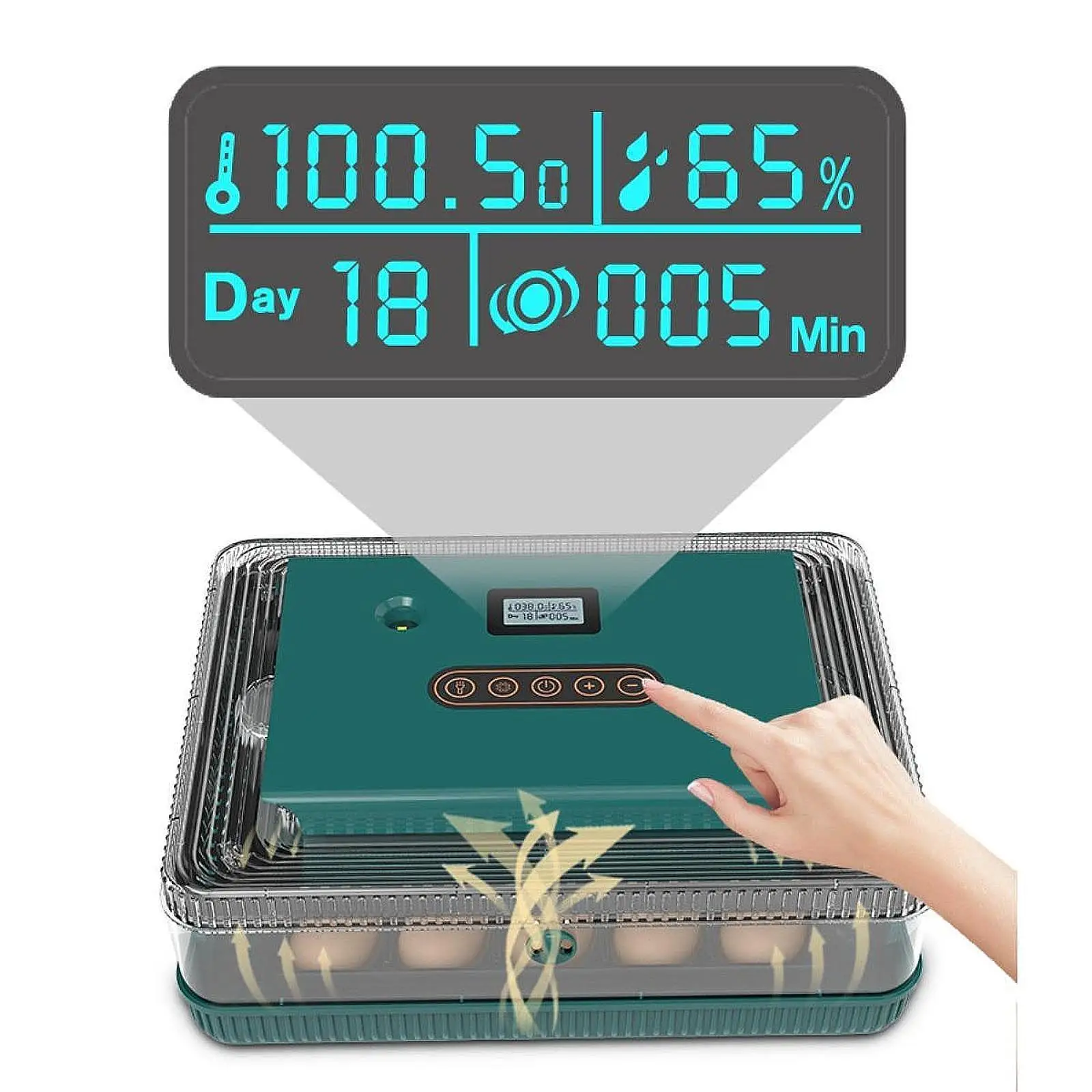 Цифровой инкубатор для яиц с большим LED-экраном и функцией просмотра яиц (кандлинг) для куриных, утиных, гусиных и перепелиных яиц
Цифровой инкубатор для яиц с большим LED-экраном и функцией просмотра яиц (кандлинг) для куриных, утиных, гусиных и перепелиных яиц