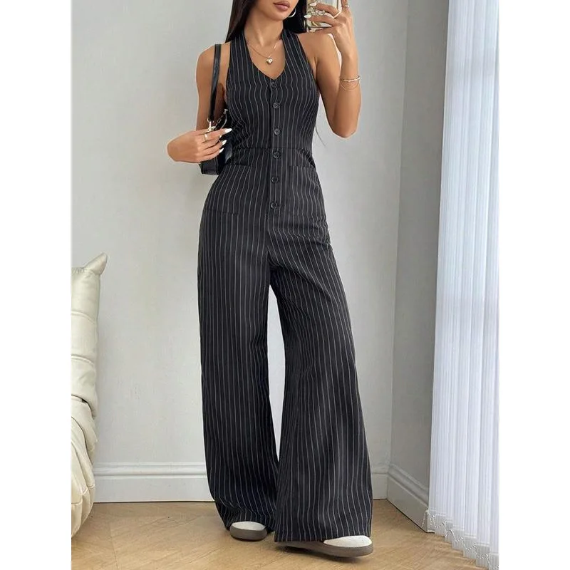 Pinstripe Halter Jumpsuit Women Sexy V Neck Sleeveless Wide Leg Romper Summer Vintage High Waist Single Breasted Combinaison
Pinstripe Halter Jumpsuit Women Sexy V Neck Sleeveless Wide Leg Romper Summer Vintage High Waist Single Breasted Combinaison