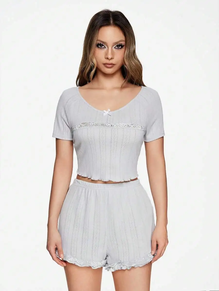 Soft Breathable Knitted Lace Patchwork Bow Decor Women Pajama Set
Soft Breathable Knitted Lace Patchwork Bow Decor Women Pajama Set