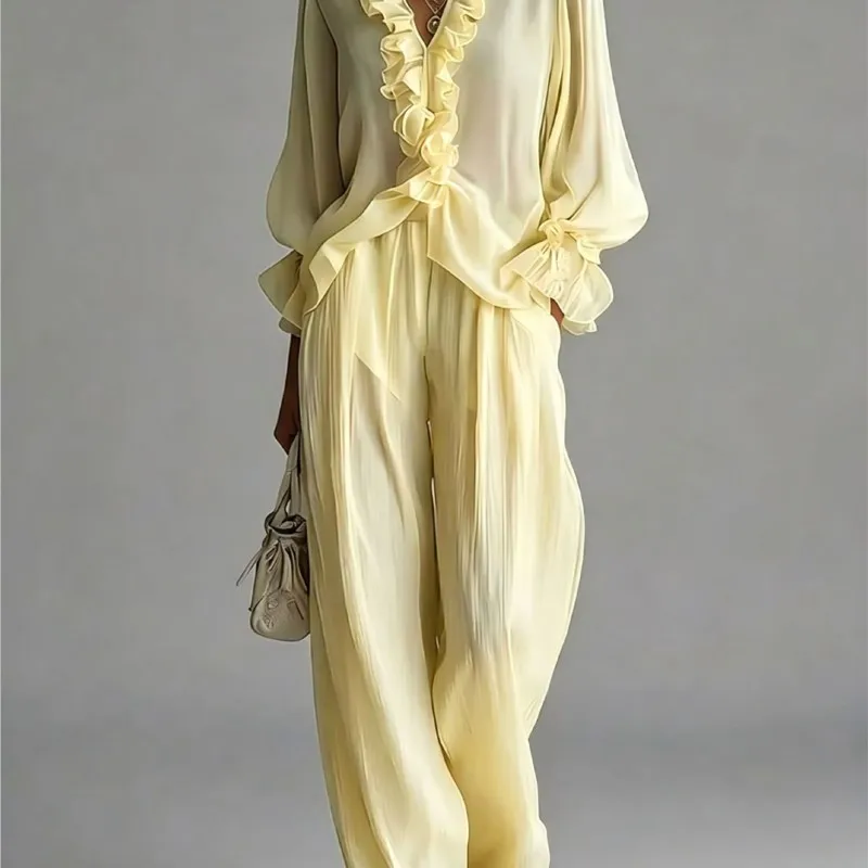 Solid Casual 2 Piece Outfit For Woman Sexy Ruffle V Neck Long Sleeve Blouse Wide Leg Pants Set Spring Summer Bohemian Suit Lady
Solid Casual 2 Piece Outfit For Woman Sexy Ruffle V Neck Long Sleeve Blouse Wide Leg Pants Set Spring Summer Bohemian Suit Lady