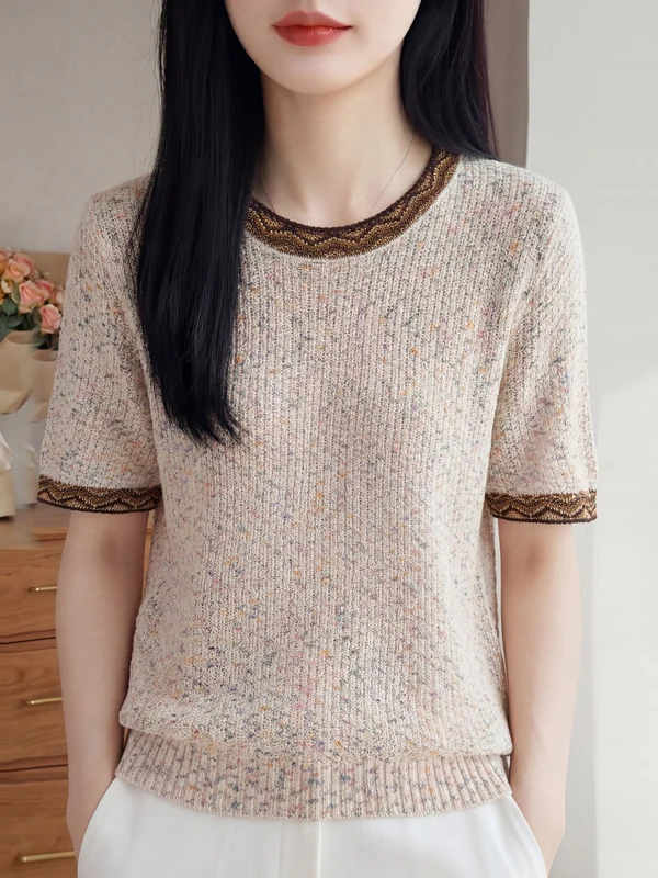 Slimming Floral Lace Splice Knitted Top Women's Summer Thin Short Sleeve round Neck French Style Soft Casual Basic Fit Overhead
Slimming Floral Lace Splice Knitted Top Women's Summer Thin Short Sleeve round Neck French Style Soft Casual Basic Fit Overhead