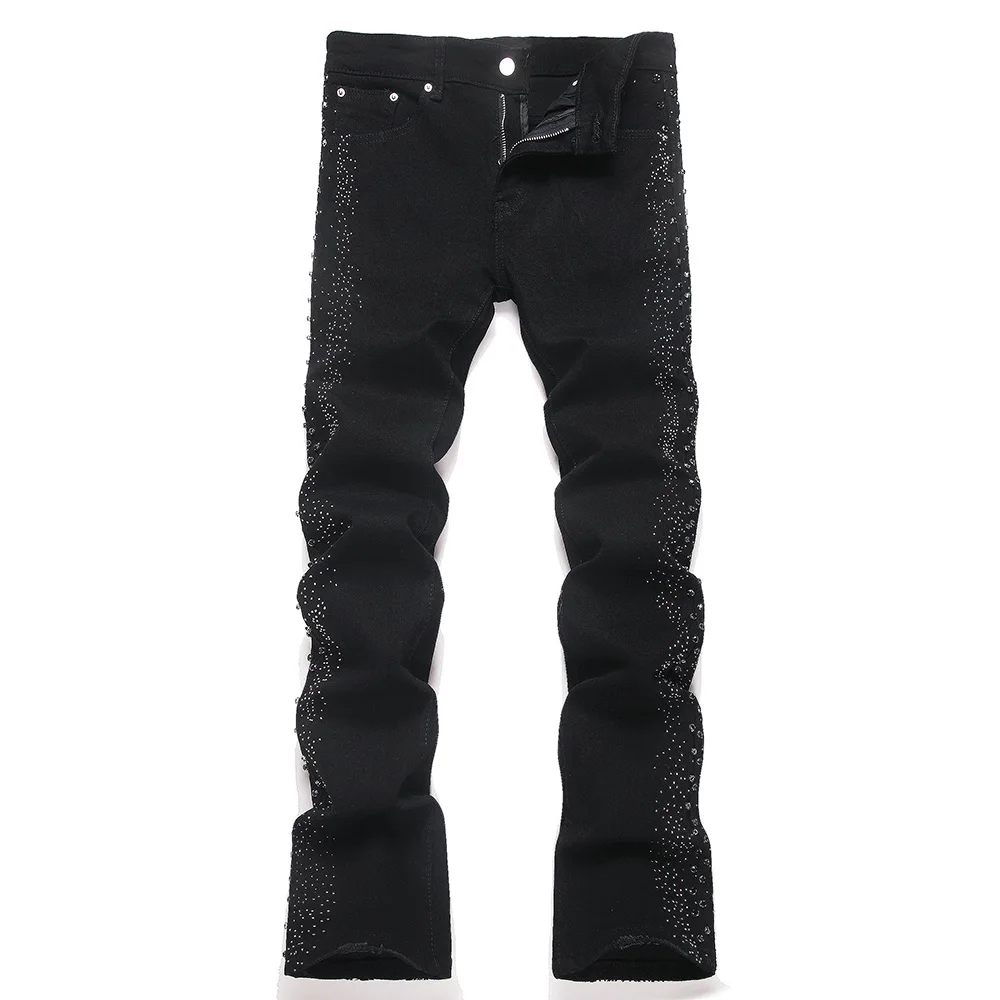 Men's Flared Denim Jeans Punk Crystal Rivet Stretch Black Cotton Spandex Pants Slim Boot Cut Trousers
Men's Flared Denim Jeans Punk Crystal Rivet Stretch Black Cotton Spandex Pants Slim Boot Cut Trousers