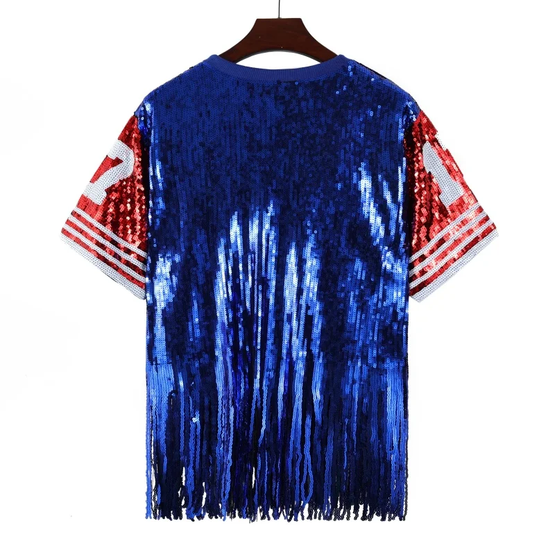 Новая летняя женская уличная футболка высокого качества с пайетками, в стиле хип-хоп, с бахромой, пэчворк, цифровой принт, короткий рукав, прямой крой, женский топ
Новая летняя женская уличная футболка высокого качества с пайетками, в стиле хип-хоп, с бахромой, пэчворк, цифровой принт, короткий рукав, прямой крой, женский топ