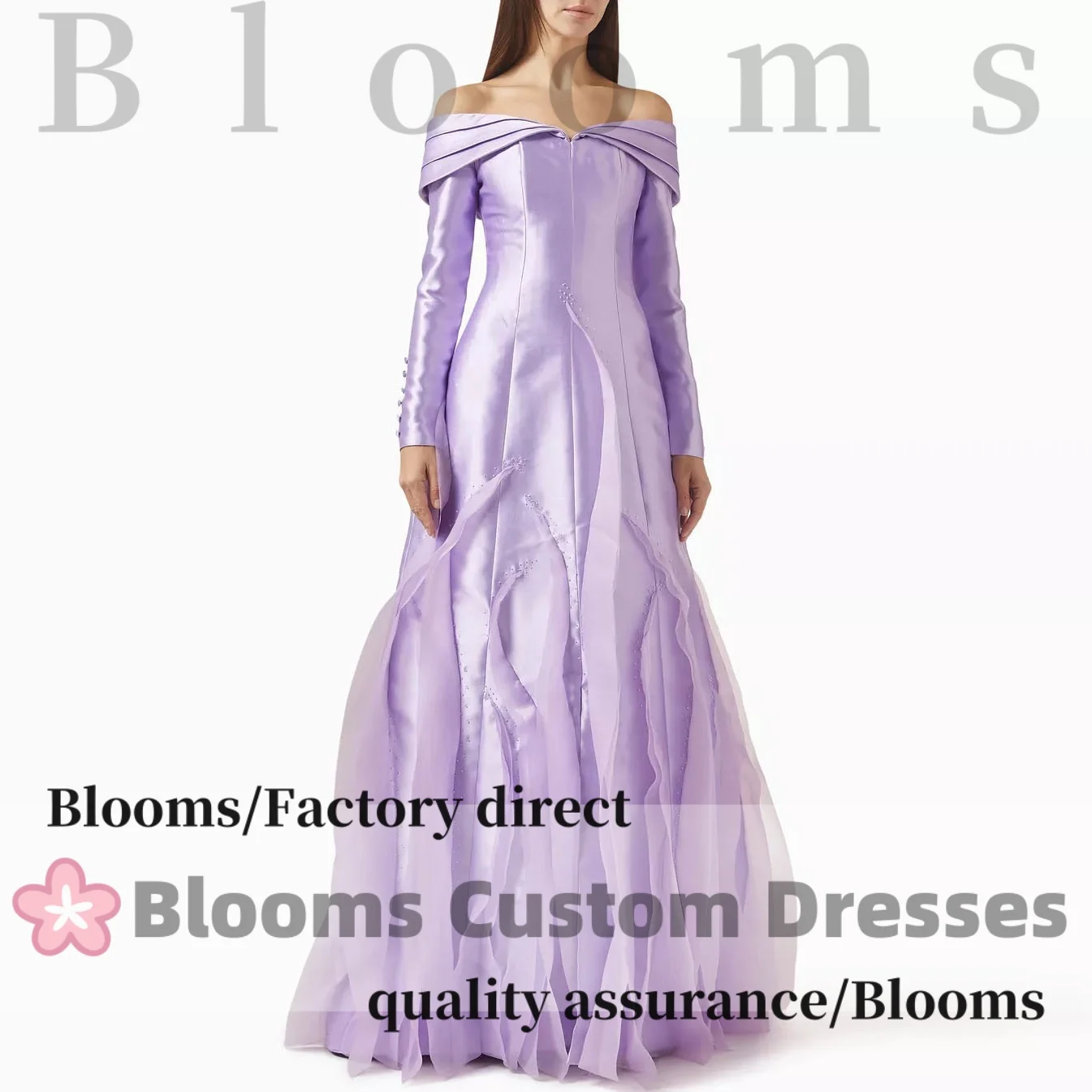 Customized Off-the-Shoulder Long Sleeve Lavender Satin Evening Dress with Tulle Ruffle Beads Elegant Formal Party Dress
Customized Off-the-Shoulder Long Sleeve Lavender Satin Evening Dress with Tulle Ruffle Beads Elegant Formal Party Dress