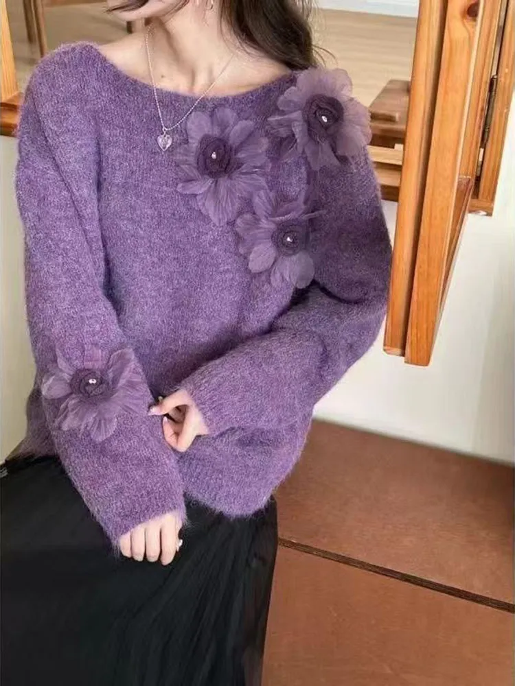 Ladies Purple round Neck Knitted Sweater Lazy Style 3D Flower Decorated Loose Fit Soft Comfortable Long Sleeve Winter Top
Ladies Purple round Neck Knitted Sweater Lazy Style 3D Flower Decorated Loose Fit Soft Comfortable Long Sleeve Winter Top