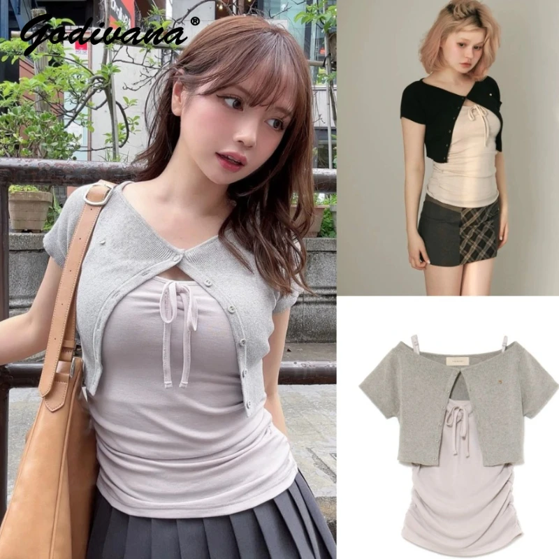 Japanese New Student Girls Sweet Short Knitted Cardigan Camisole 2 Piece Set Female Short-sleeved Blouse Slim Suspenders Tops
Japanese New Student Girls Sweet Short Knitted Cardigan Camisole 2 Piece Set Female Short-sleeved Blouse Slim Suspenders Tops