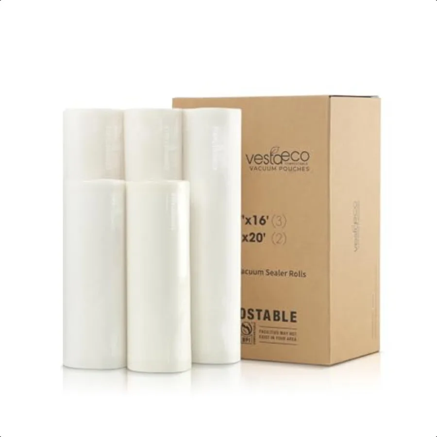 VestaEco Compostable Vacuum Sealer Bags 5 Pack 2 Rolls 8 x 20' and 3 Rolls 11 x 16' EcoFriendly HeavyDuty Food Storage Bags BPA
VestaEco Compostable Vacuum Sealer Bags 5 Pack 2 Rolls 8 x 20' and 3 Rolls 11 x 16' EcoFriendly HeavyDuty Food Storage Bags BPA