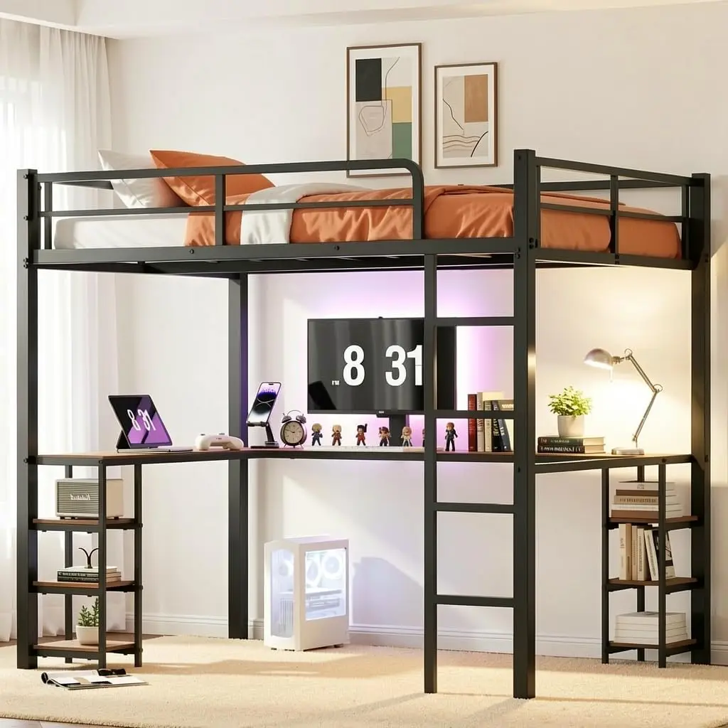 Full Size Loft Bed with Desk & Shelves, Heavy Duty Metal Frame, Safety Guardrails, Ladder, Vintage Wood Desk, Black
Full Size Loft Bed with Desk & Shelves, Heavy Duty Metal Frame, Safety Guardrails, Ladder, Vintage Wood Desk, Black
