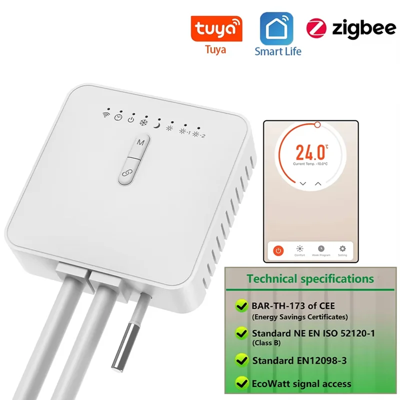 B04B-Tuya Zigbee умный термостат для пилотного провода, отопление, радиатор, поддержка Ecowatt, монитор электричества, пульт дистанционного управления для Alexa Google
B04B-Tuya Zigbee умный термостат для пилотного провода, отопление, радиатор, поддержка Ecowatt, монитор электричества, пульт дистанционного управления для Alexa Google