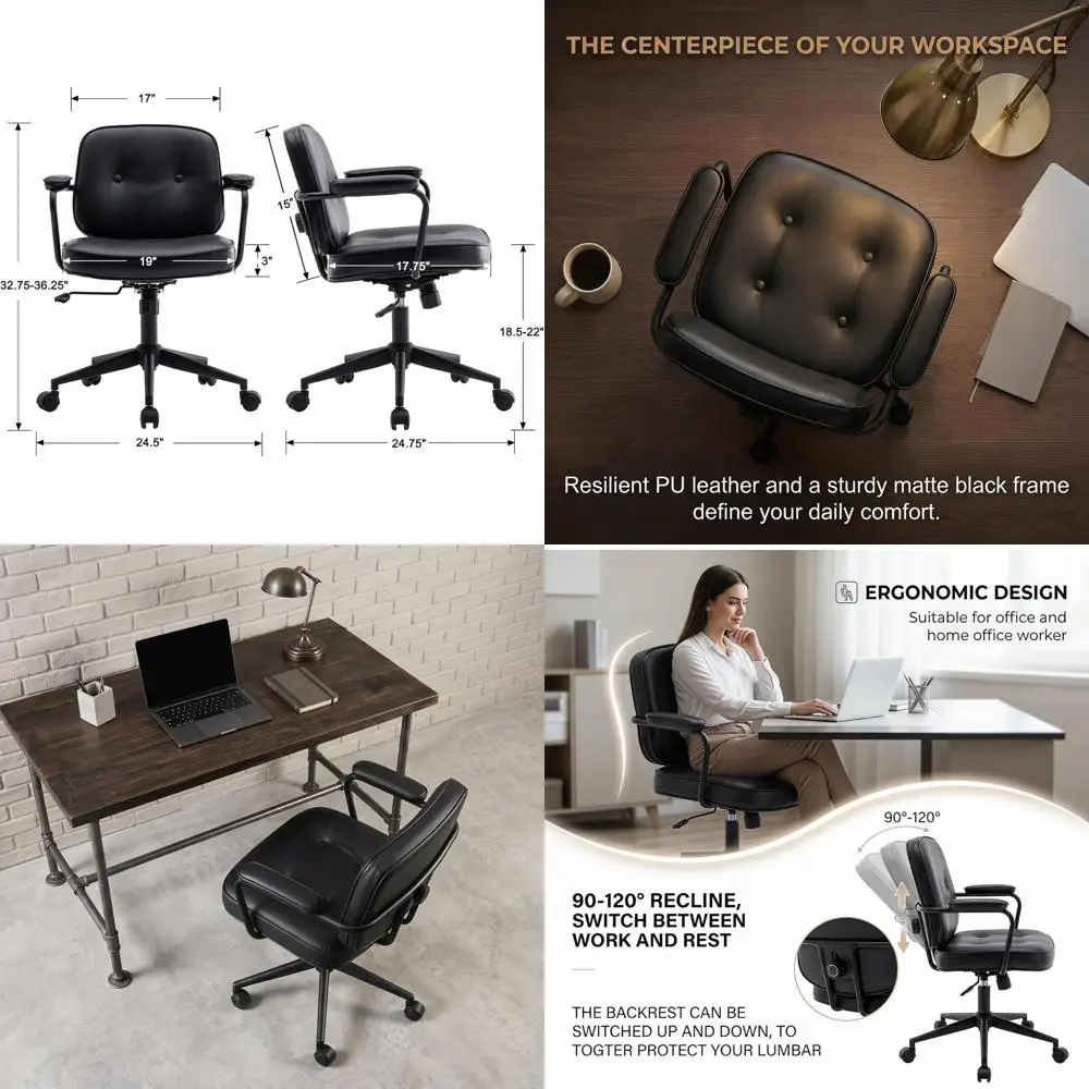 Ergonomic PU Leather Swivel Office Chair with Armrests, Adjustable Rolling Desk Chair for Home or Office, Black
Ergonomic PU Leather Swivel Office Chair with Armrests, Adjustable Rolling Desk Chair for Home or Office, Black