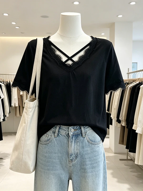 Summer plus Size Black Lace V-Neck Short Sleeve T-Shirt Casual Versatile Slimming Top Korean Style Loose Fit Breathable Skin-...
Summer plus Size Black Lace V-Neck Short Sleeve T-Shirt Casual Versatile Slimming Top Korean Style Loose Fit Breathable Skin-...