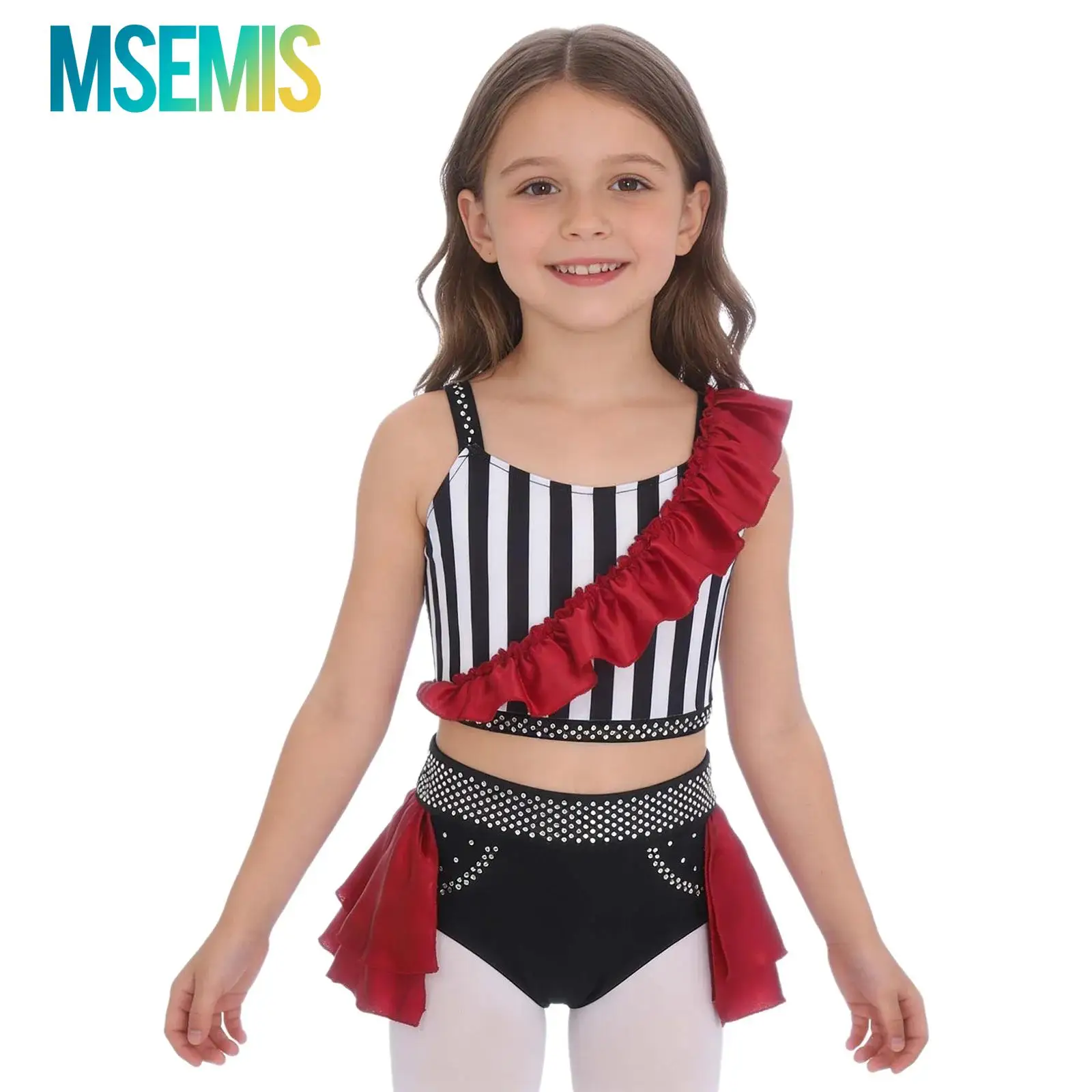 Kids Girls Gymnastics Modern Dance Costume Rhinestone Circus Dress Up Outfit Stripe Crop Top with Layered Ruffle Briefs Costumes
Kids Girls Gymnastics Modern Dance Costume Rhinestone Circus Dress Up Outfit Stripe Crop Top with Layered Ruffle Briefs Costumes