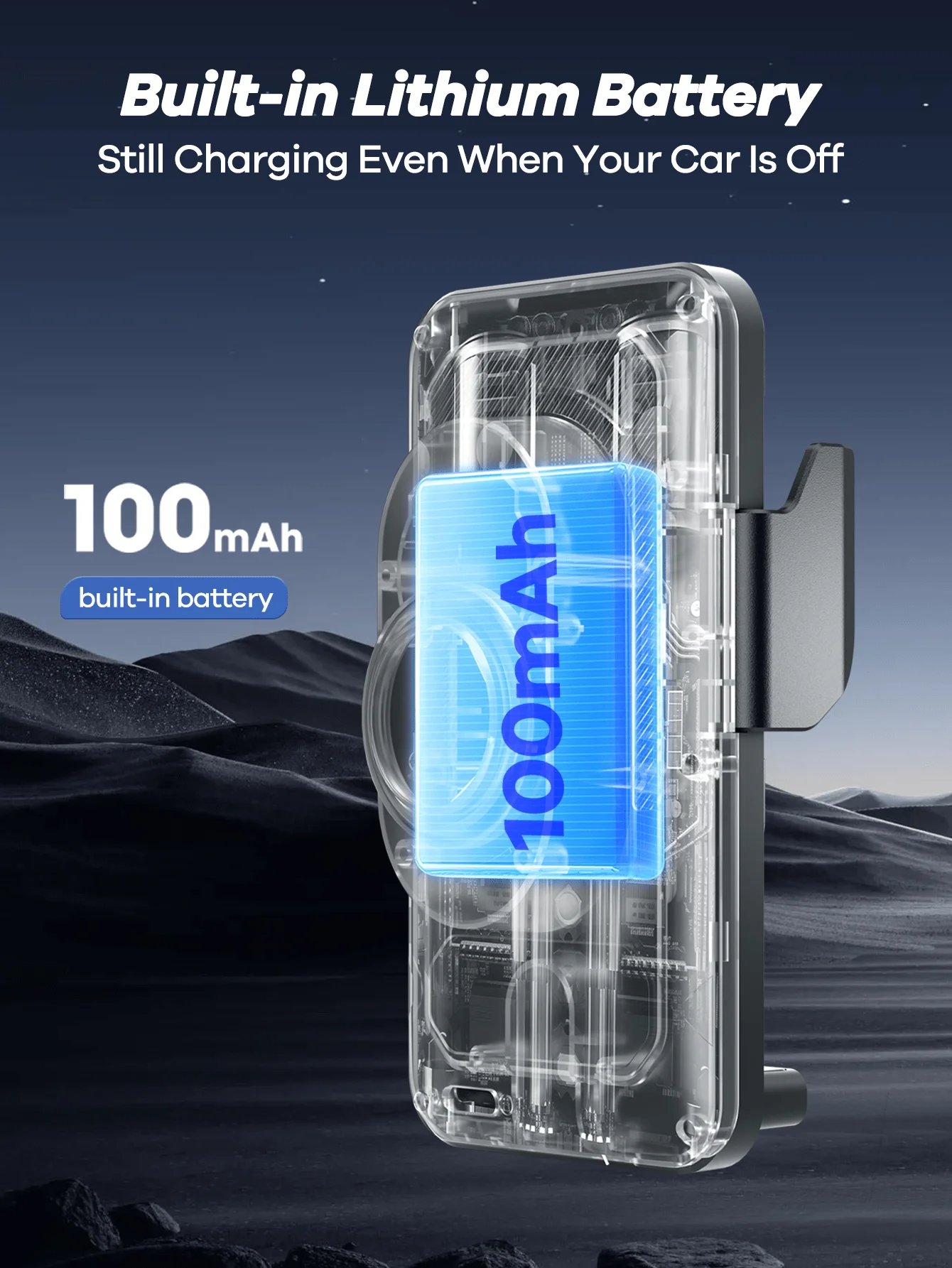 15W Car Charger With Built-In 100mAh Lithium Battery, Induction Open/Close, 90° Rotation, Anti-Slip Silicone
15W Car Charger With Built-In 100mAh Lithium Battery, Induction Open/Close, 90° Rotation, Anti-Slip Silicone