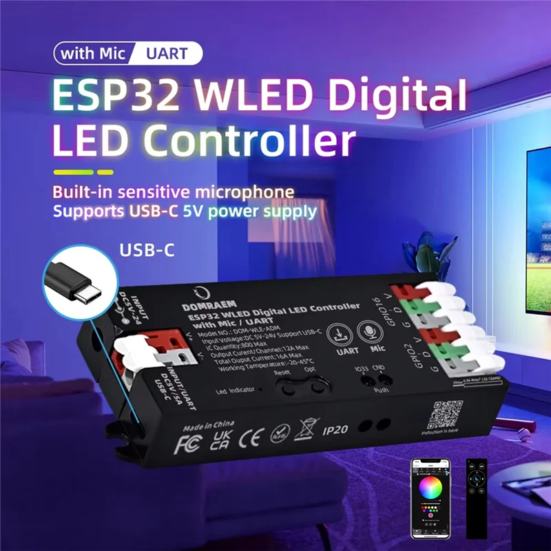 DOMRAEM ESP32 WLED Addressable LED Strip Controller Mic UART Voice Support 0.5W Standby USB-C5V/5A WS2811/2814/2805
DOMRAEM ESP32 WLED Addressable LED Strip Controller Mic UART Voice Support 0.5W Standby USB-C5V/5A WS2811/2814/2805
