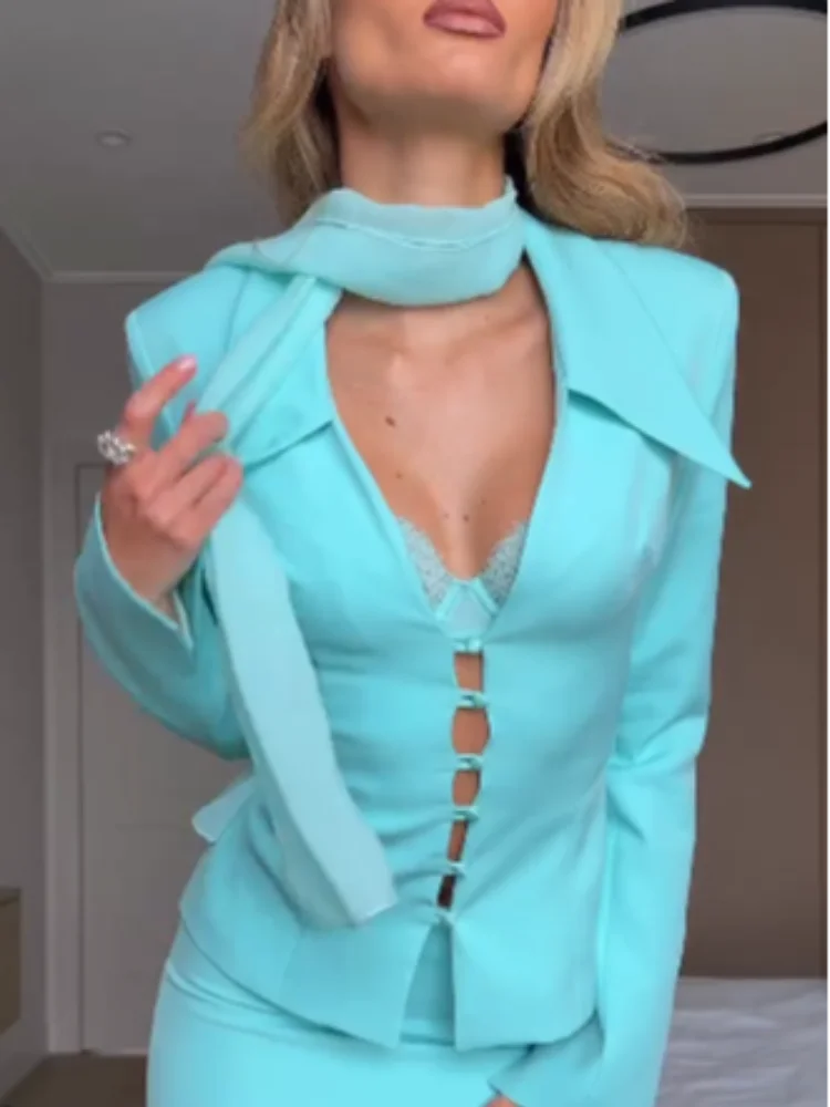 Women Mint Green Two Piece Blazer Set Deep V Neck Button Detail Long Sleeve Jacket and Mini Skirt Elegant Office Party Outfits
Women Mint Green Two Piece Blazer Set Deep V Neck Button Detail Long Sleeve Jacket and Mini Skirt Elegant Office Party Outfits