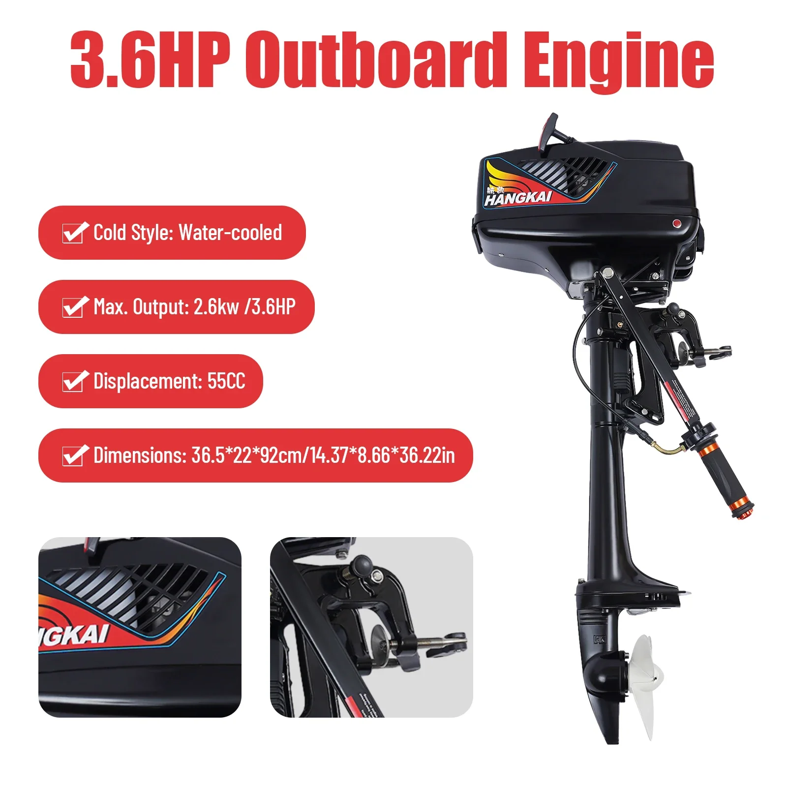 3.6 HP 2-Stroke Outboard Motor, Petrol Engine w/ Water Cooling CDI System, for Inflatable Boats Fishing Sailing Boats and Yachts
3.6 HP 2-Stroke Outboard Motor, Petrol Engine w/ Water Cooling CDI System, for Inflatable Boats Fishing Sailing Boats and Yachts