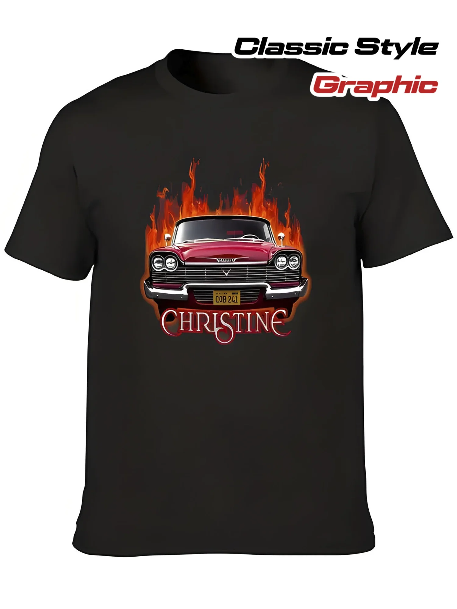 Classic Red Vintage Car Graphic T-Shirt | Black Tee with Fiery Flames Design Featuring 'CHRSTINE' License Plate and Bold Script
Classic Red Vintage Car Graphic T-Shirt | Black Tee with Fiery Flames Design Featuring 'CHRSTINE' License Plate and Bold Script