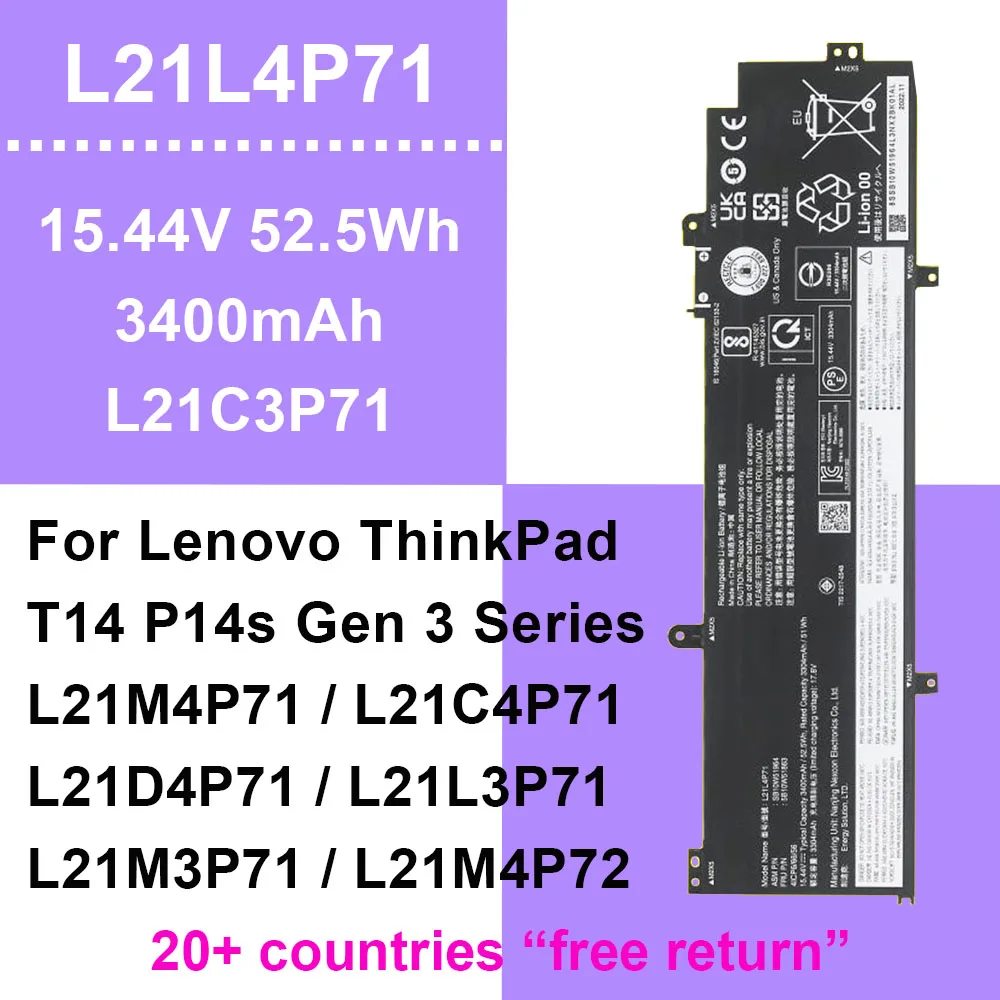 Аккумулятор для ноутбука Lenovo ThinkPad T14 P14S Gen 3 21 Ач, совместимый с L21L4P71 SB10W51964 SB10W51965 L21C3P71 15,44 В 52,5 Втч
Аккумулятор для ноутбука Lenovo ThinkPad T14 P14S Gen 3 21 Ач, совместимый с L21L4P71 SB10W51964 SB10W51965 L21C3P71 15,44 В 52,5 Втч