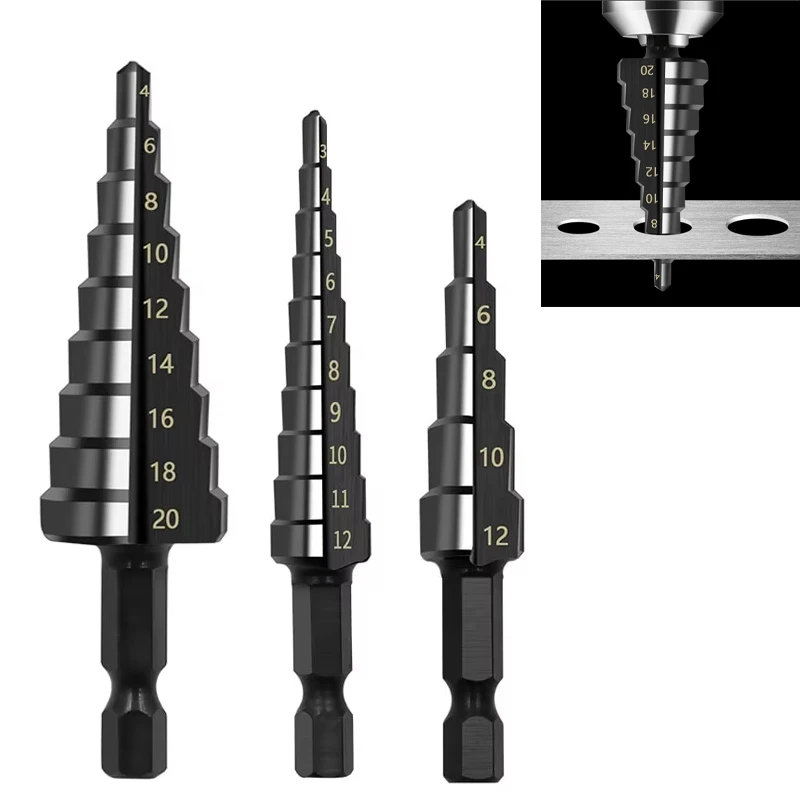 Hexagonal shank straight groove black step drill bit 3-12/4-12/4-20mm reaming step drill tower drill tool set
Hexagonal shank straight groove black step drill bit 3-12/4-12/4-20mm reaming step drill tower drill tool set