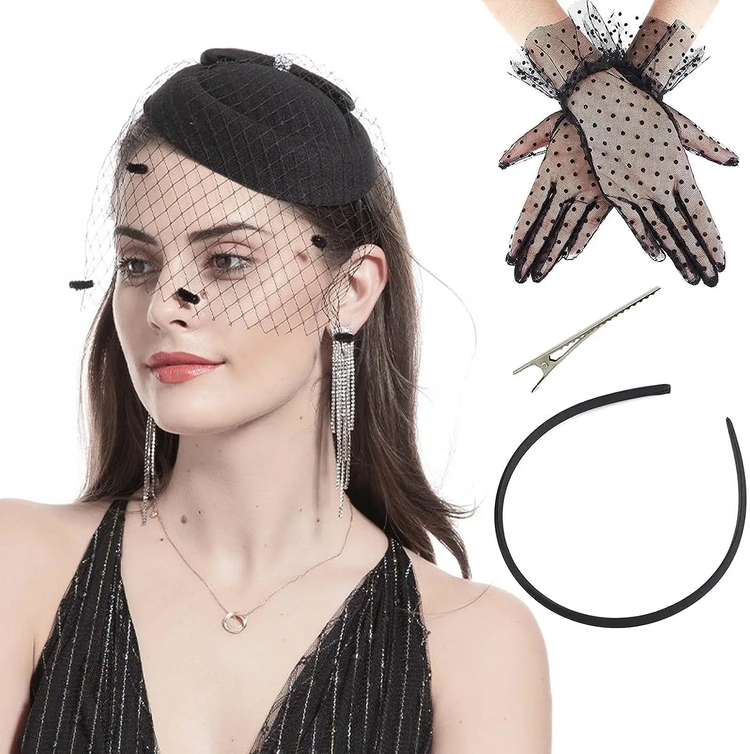 Pesenar 20s 50s Fascinator Hats, Flowers Lace Gloves, Short Lace Gloves, Hair Accessories Headpiece for Girls and Women, Black
Pesenar 20s 50s Fascinator Hats, Flowers Lace Gloves, Short Lace Gloves, Hair Accessories Headpiece for Girls and Women, Black