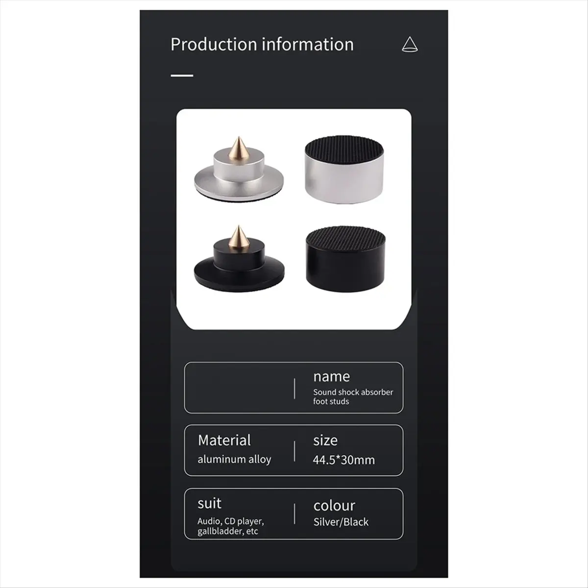 *Great New Aluminum Alloy Audio Amplifier Shock Absorber Foot Studs Foot Pads for Speaker CD Practical Feet Holder 4PCS Black
*Great New Aluminum Alloy Audio Amplifier Shock Absorber Foot Studs Foot Pads for Speaker CD Practical Feet Holder 4PCS Black