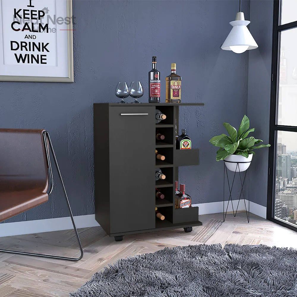 Modern style Floor Bar Cart, Casters with Locking System and Single Door Six Liquor Bottle Cubbies,Two External enclosed Shelves
Modern style Floor Bar Cart, Casters with Locking System and Single Door Six Liquor Bottle Cubbies,Two External enclosed Shelves