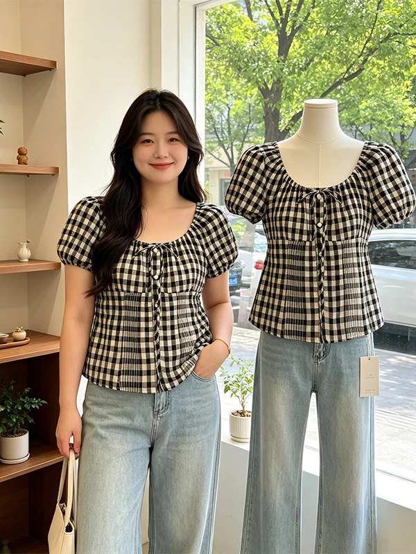 Summer 2026 Large Size Retro Korean Style Shirt Sweet And Spicy Belted Waist Short Sleeve V-Neck Polka Dot Plaid Women's Shirt
Summer 2026 Large Size Retro Korean Style Shirt Sweet And Spicy Belted Waist Short Sleeve V-Neck Polka Dot Plaid Women's Shirt
