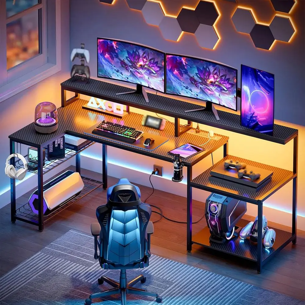 71 L-Shaped Gaming Desk with Power Outlets, Monitor Stand, Adjustable Shelves, Cup Holder & Hooks, Black
71 L-Shaped Gaming Desk with Power Outlets, Monitor Stand, Adjustable Shelves, Cup Holder & Hooks, Black