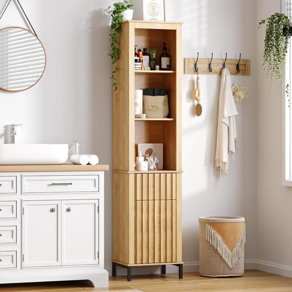 68" Tall Bathroom Storage Cabinet, Boho Narrow Organizer with Door & Drawer, Adjustable Shelves and Sturdy Metal Base, Standing
68" Tall Bathroom Storage Cabinet, Boho Narrow Organizer with Door & Drawer, Adjustable Shelves and Sturdy Metal Base, Standing