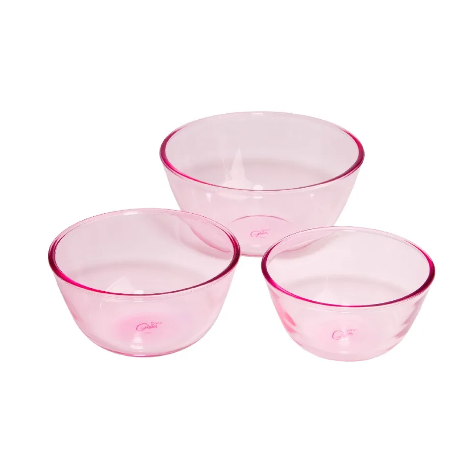 3-Piece Nesting Glass Mixing Prep Bowl Set Microwave and Dishwasher Safe Pink Tinted Glass
3-Piece Nesting Glass Mixing Prep Bowl Set Microwave and Dishwasher Safe Pink Tinted Glass
