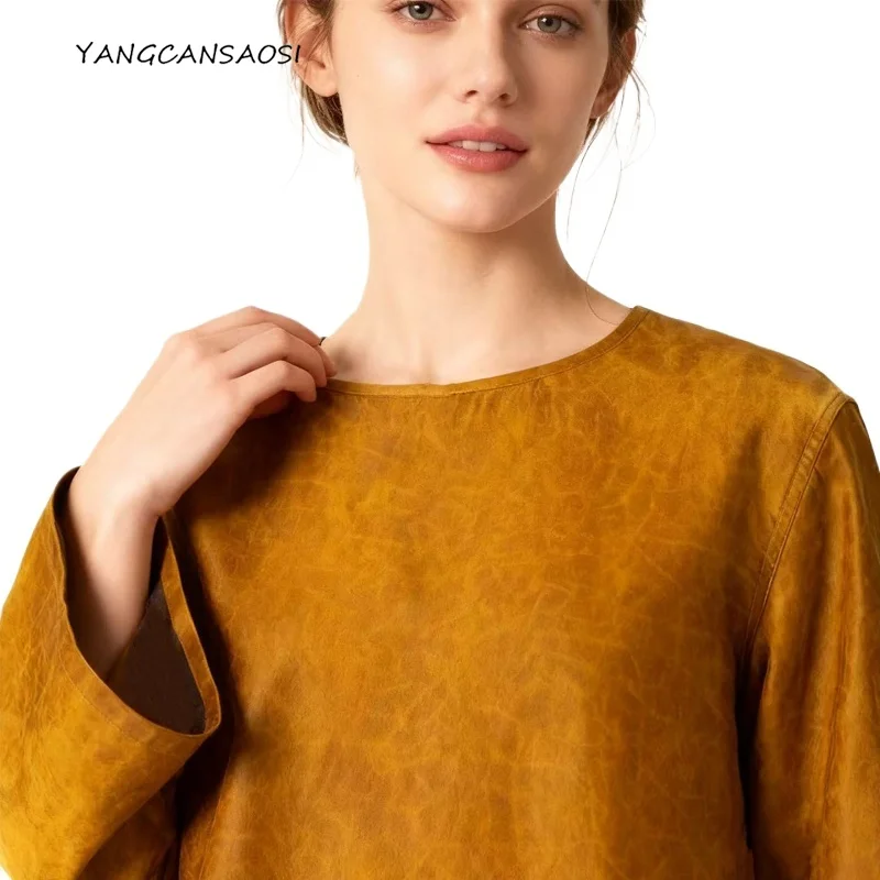 Women's Fashion Autumn New 100% Natural Mulberry Silk Gambiered Guangdong Gauze Round Neck Long Sleeve Casual Golden T-shirt
Women's Fashion Autumn New 100% Natural Mulberry Silk Gambiered Guangdong Gauze Round Neck Long Sleeve Casual Golden T-shirt
