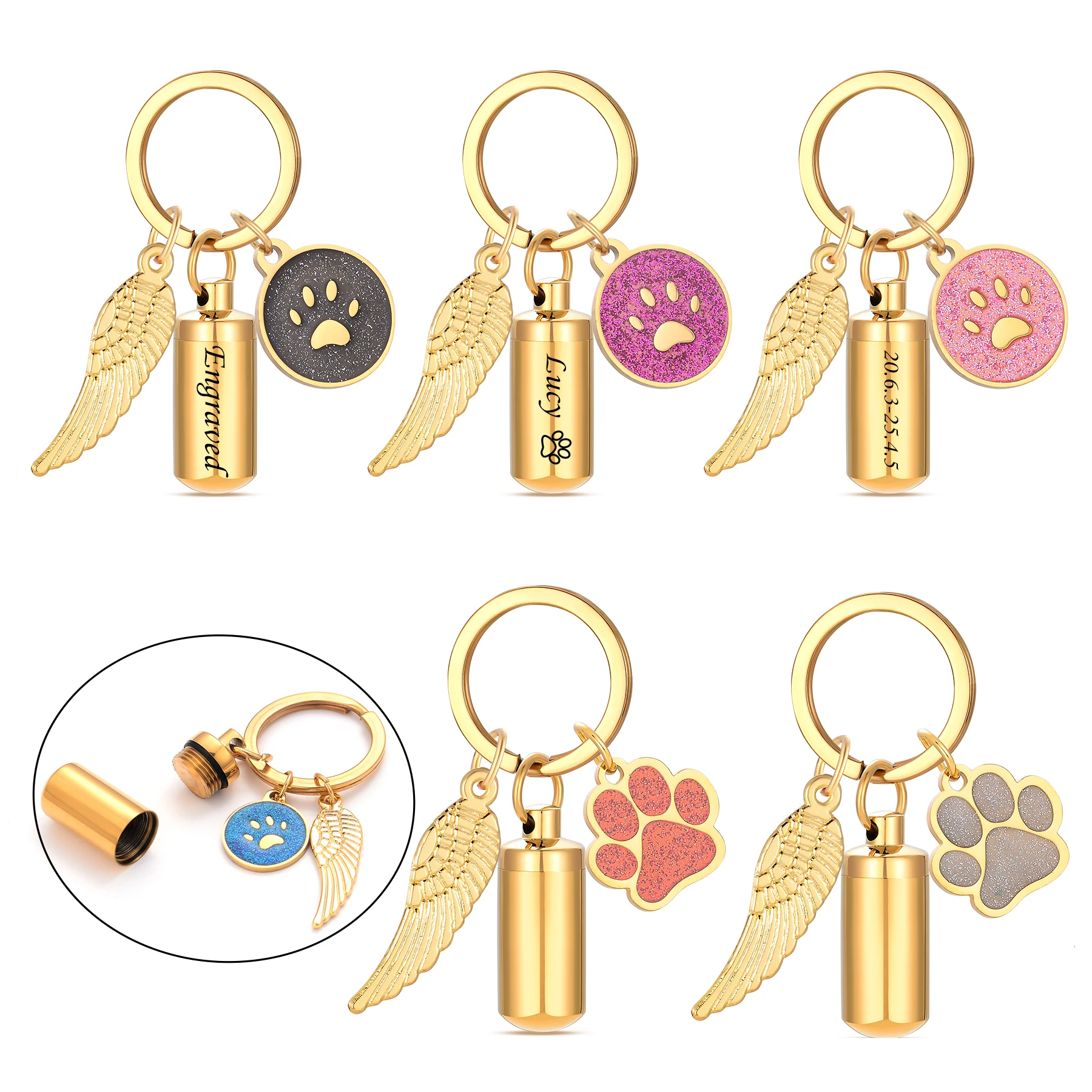 Stainless Steel Cylinder Urn Keychain with Paw Print Wing Pendant Cremation Memorial Pet Ashes Engraved Name Date Keepsake
Stainless Steel Cylinder Urn Keychain with Paw Print Wing Pendant Cremation Memorial Pet Ashes Engraved Name Date Keepsake