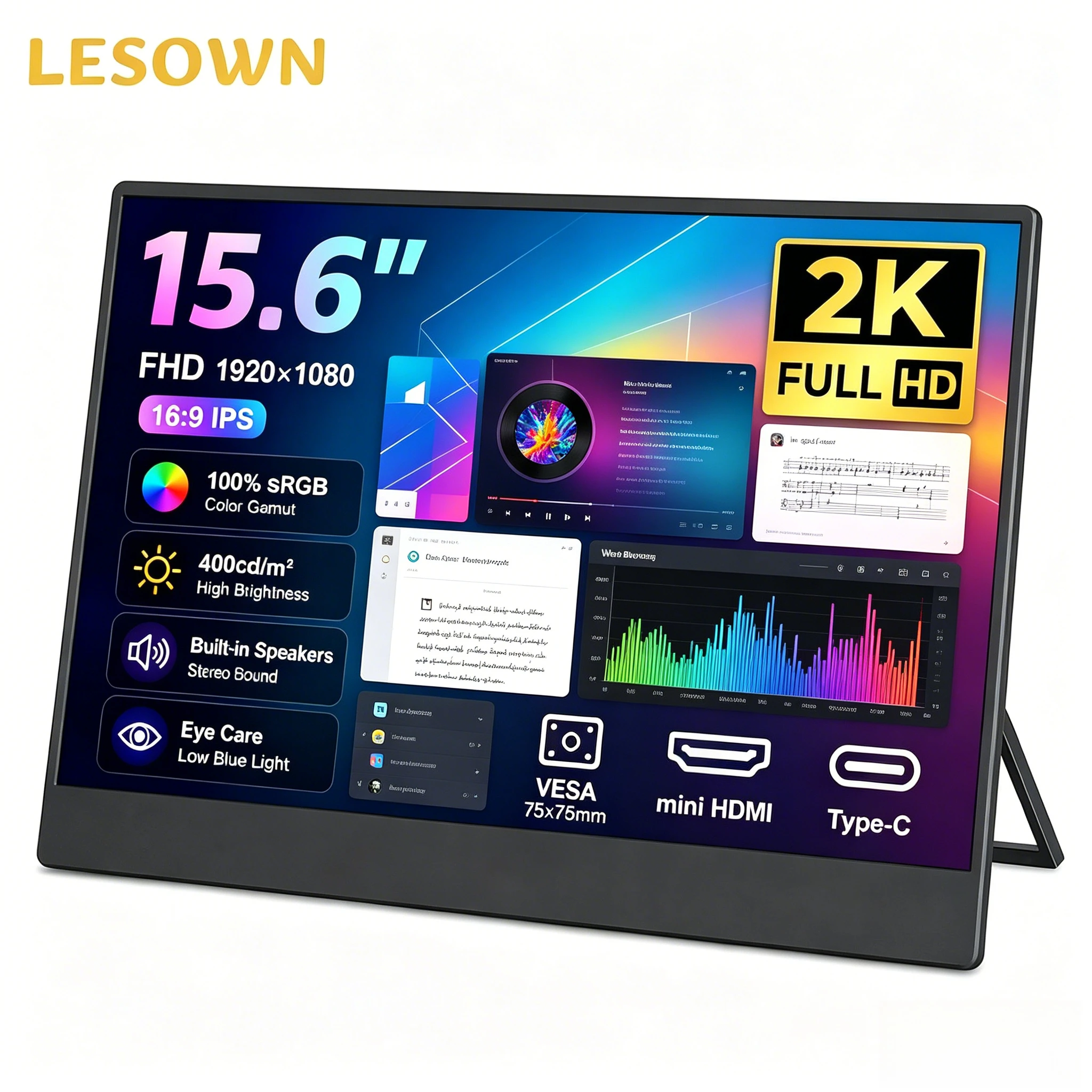 LESOWN 15.6" Full HD Second Screen Plug & Play Mobile Monitor with Built-in Stand Type-C Connection for Laptop
LESOWN 15.6" Full HD Second Screen Plug & Play Mobile Monitor with Built-in Stand Type-C Connection for Laptop