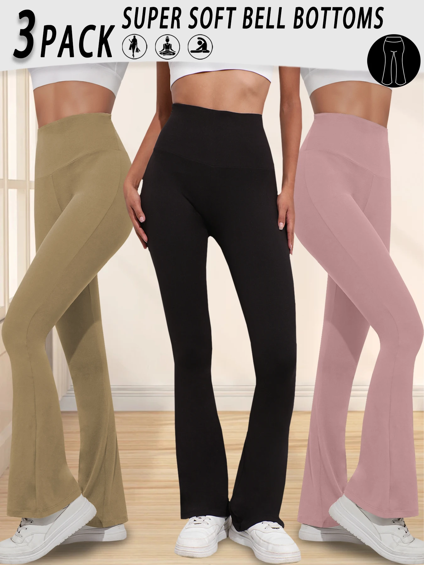 3 pack Ladies high-rise flared yoga trousers with leg bottom. Perfect for yoga or casual.
3 pack Ladies high-rise flared yoga trousers with leg bottom. Perfect for yoga or casual.