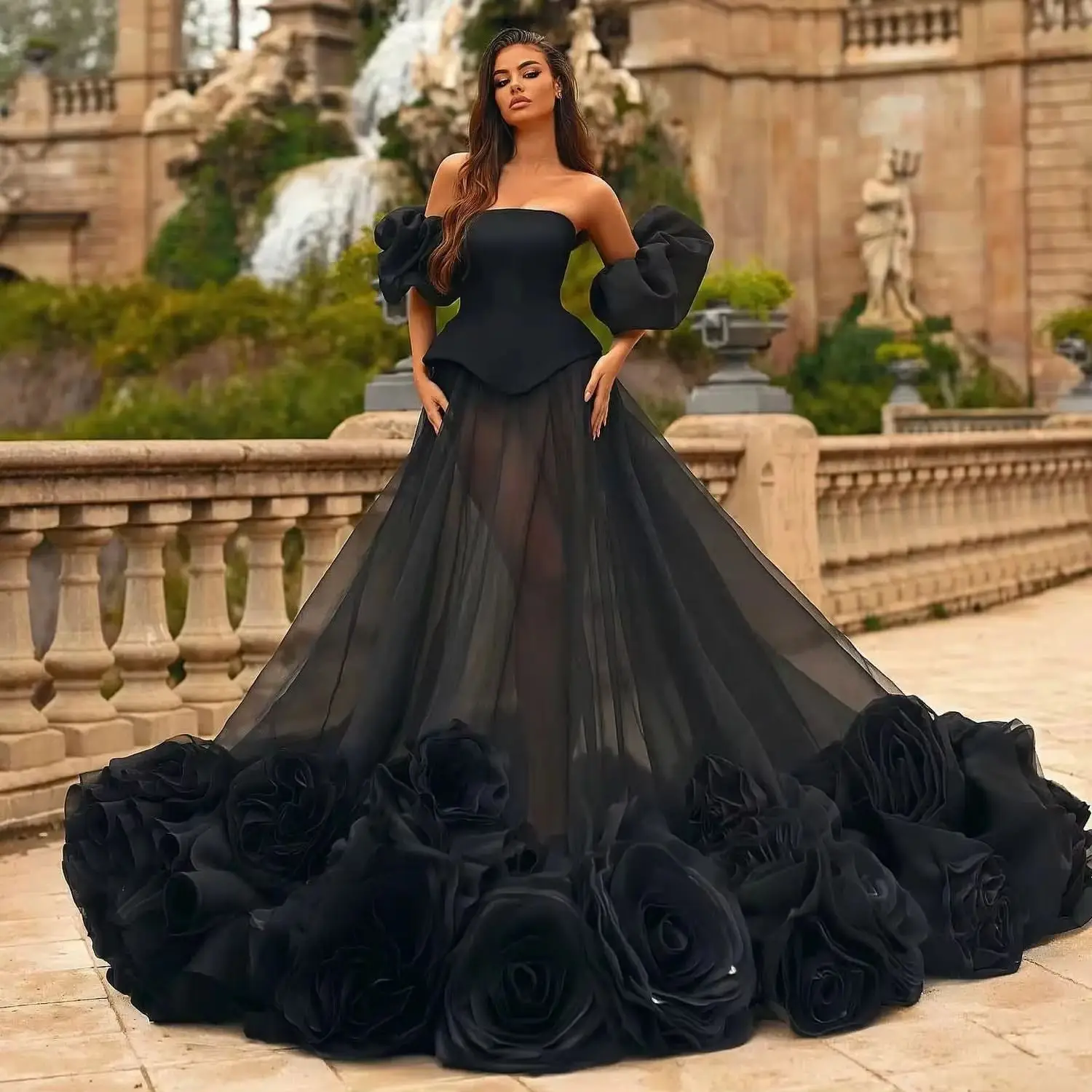 Pretty Big Rose Flowers Wedding Party Dresses Bridal Photoshoot Dress with Detachable Sleeve Handmade 3D Floral Prom Party Dress 
Pretty Big Rose Flowers Wedding Party Dresses Bridal Photoshoot Dress with Detachable Sleeve Handmade 3D Floral Prom Party Dress