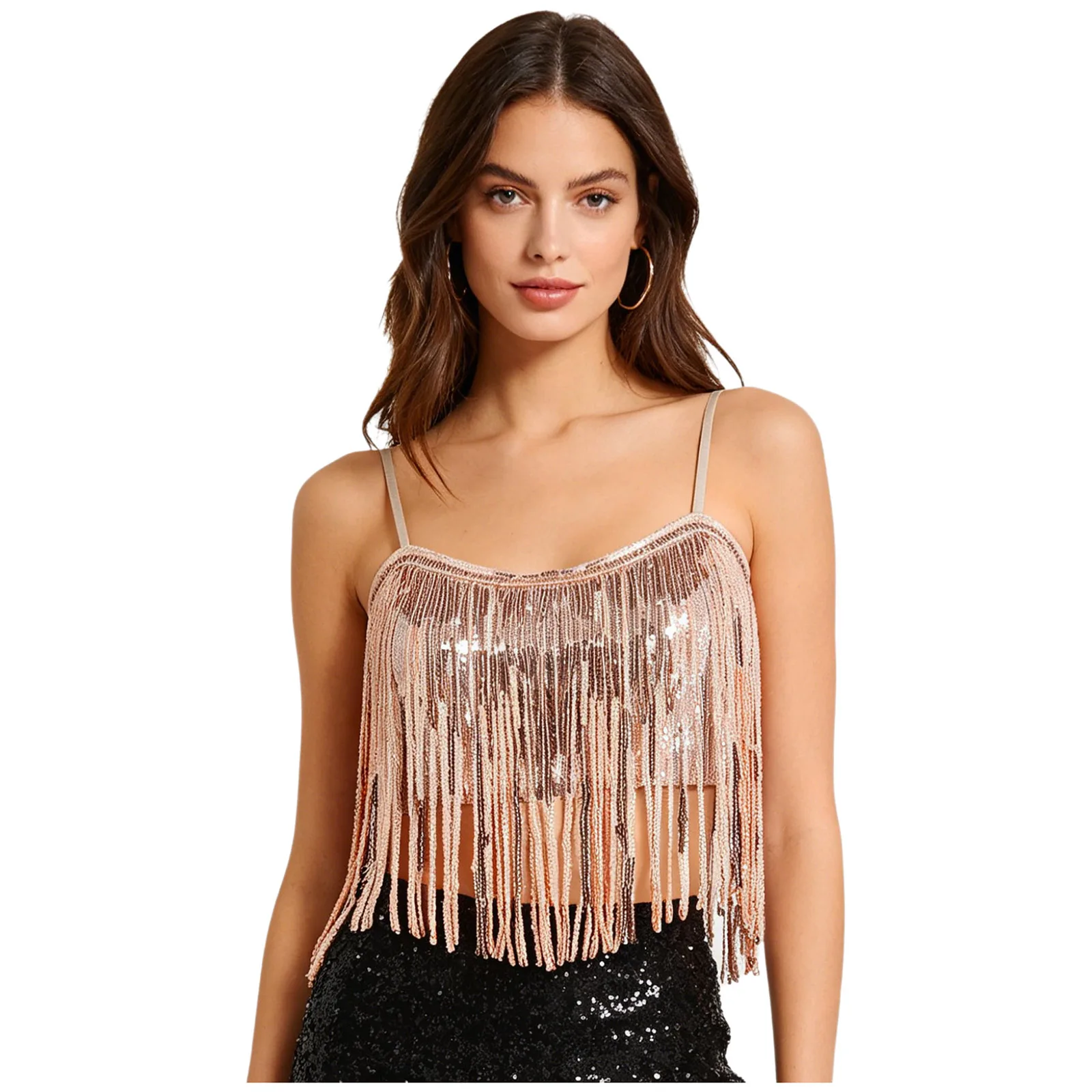 Women Dancing Party Top Allover Sequin Fringe Camisole Adjustable Straps Glittery Sling Crop Vest Tank Streetwear for Night Club
Women Dancing Party Top Allover Sequin Fringe Camisole Adjustable Straps Glittery Sling Crop Vest Tank Streetwear for Night Club