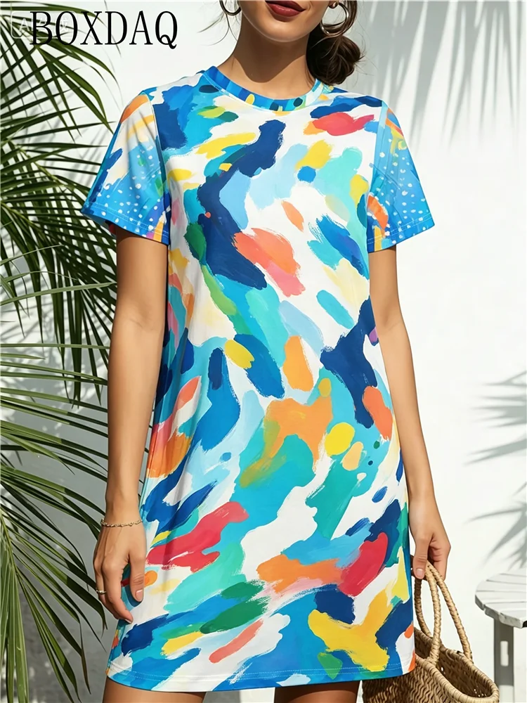 Round neck short sleeved loose fitting women's dress, fashionable and casual home women's clothing, fun abstract printed dress
Round neck short sleeved loose fitting women's dress, fashionable and casual home women's clothing, fun abstract printed dress