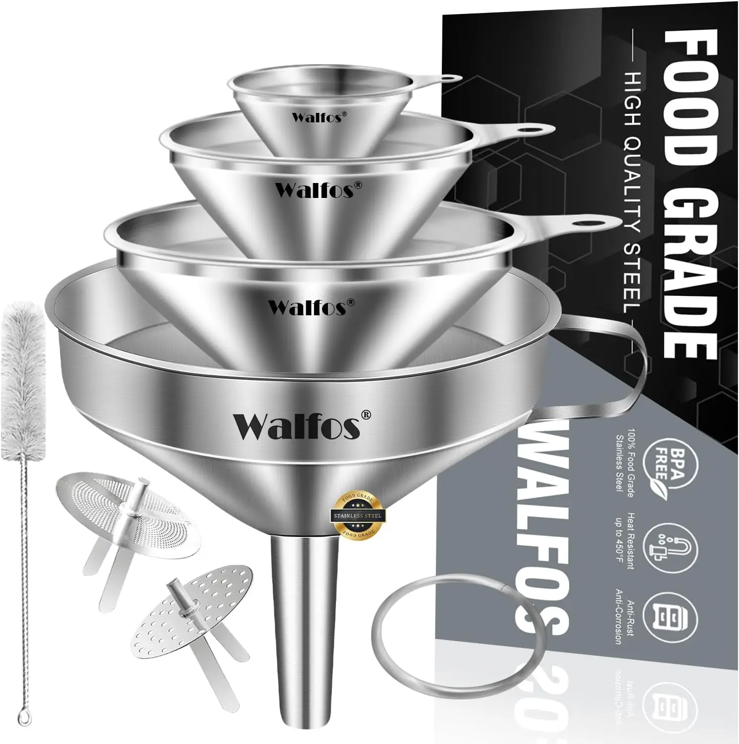 Stainless Steel Funnel Set 4 Pack with 2 Strainers & Cleaning Brush for Kitchen Oil Jam Powder Transfer
Stainless Steel Funnel Set 4 Pack with 2 Strainers & Cleaning Brush for Kitchen Oil Jam Powder Transfer