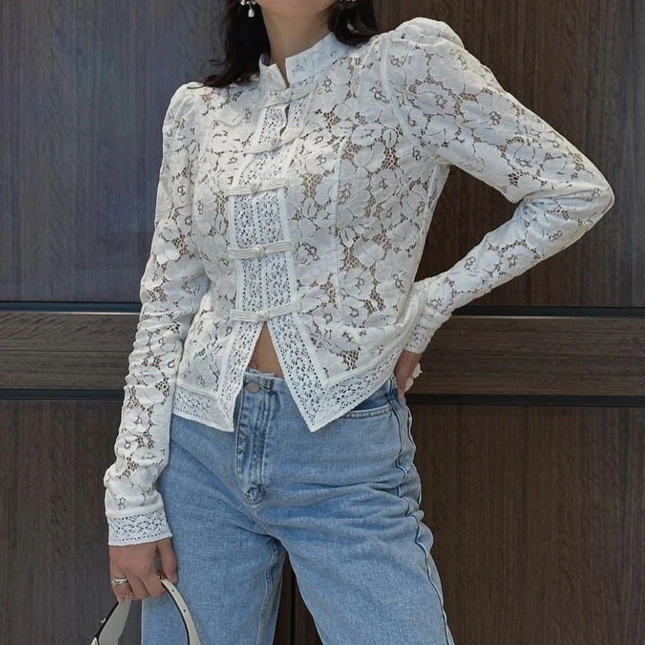 Women Shirt Solid Blouses Lace Cut Out Stand Neck Single Breasted Long Sleeves Slight Strech Slim Fit Office Casual 2026 Summer
Women Shirt Solid Blouses Lace Cut Out Stand Neck Single Breasted Long Sleeves Slight Strech Slim Fit Office Casual 2026 Summer