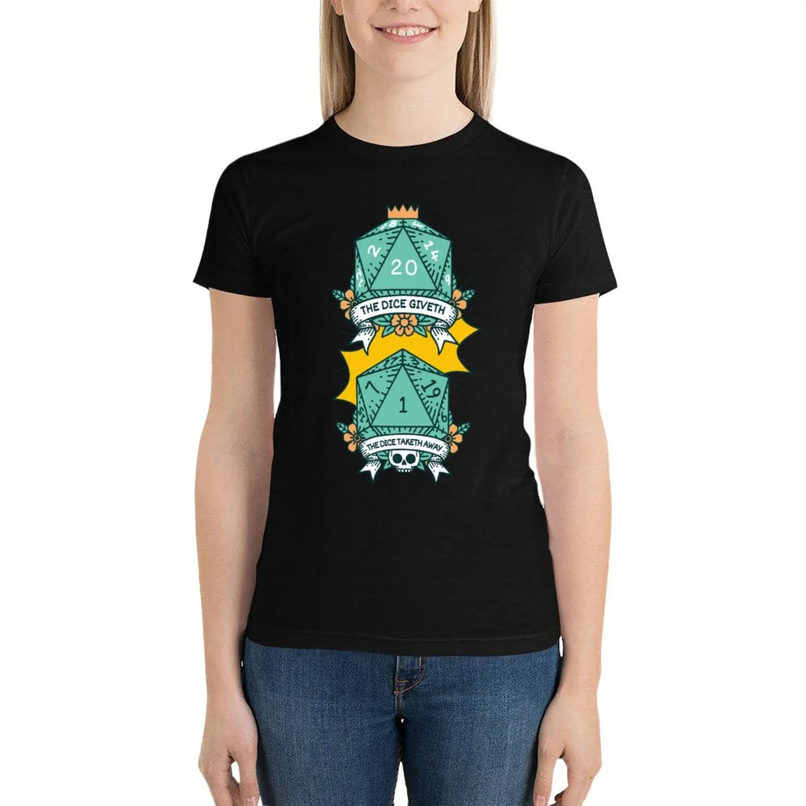The Dice Giveth - The Dice Taketh Away - D20 - Funny RPG T-Shirt summer top quick drying workout shirts for Women loose fit
The Dice Giveth - The Dice Taketh Away - D20 - Funny RPG T-Shirt summer top quick drying workout shirts for Women loose fit