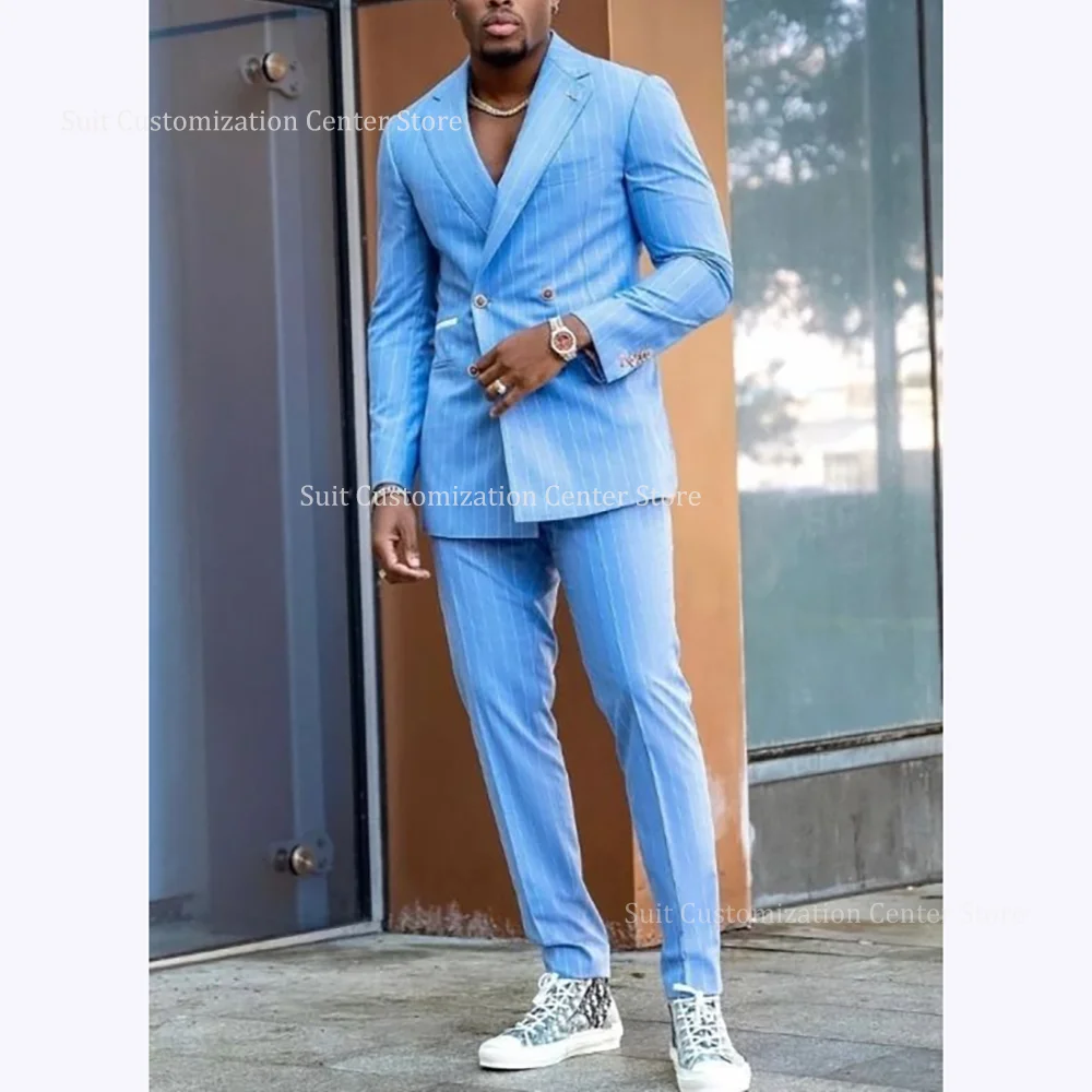 Sky Blue Striped Suits For Men Classic Double Breasted Notch Lapel 2 Piece Business Occasion Male Formal Outfit Jacket Pants
Sky Blue Striped Suits For Men Classic Double Breasted Notch Lapel 2 Piece Business Occasion Male Formal Outfit Jacket Pants
